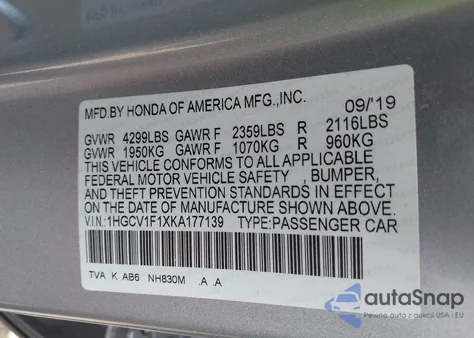 2019 Honda Accord Lx z USA, uszkodzony, nr VIN 1HGCV1F1XKA177139